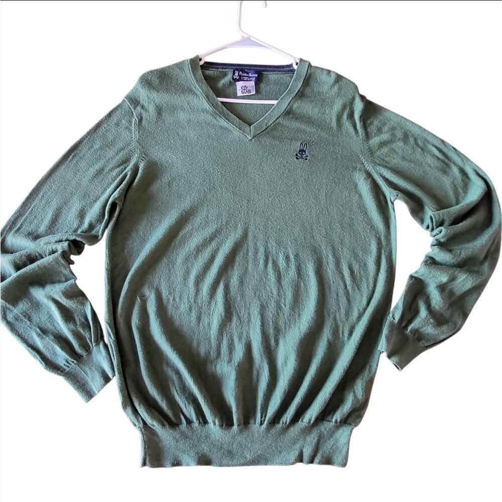 Psycho Bunny Mens S Green Pima Cotton Upscale-Casual V Neck Pullover Bunny Logo
